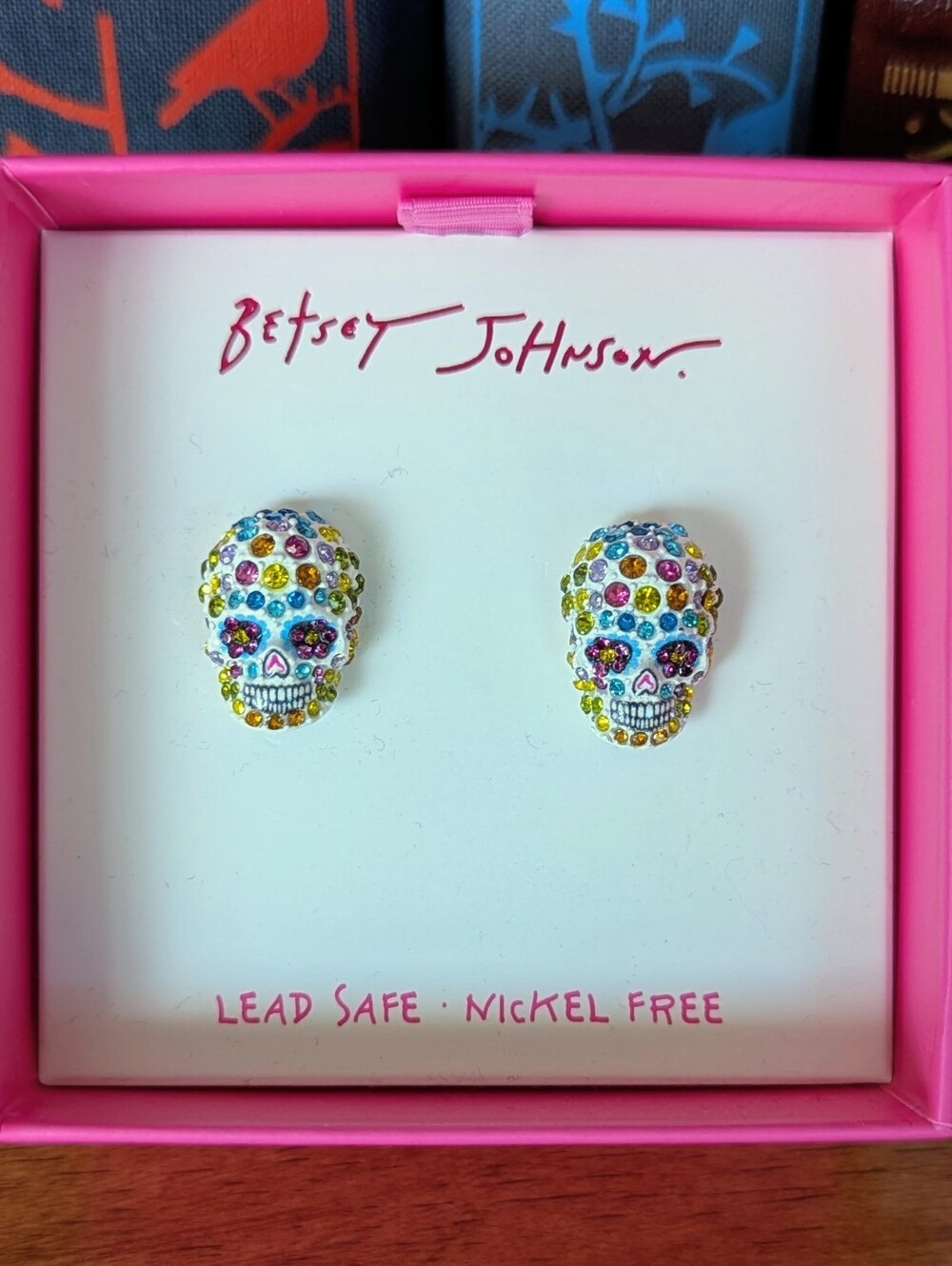 Betsey Johnson Multicolor Crystal Sugar Skull Stud Earrings, Halloween, NIB